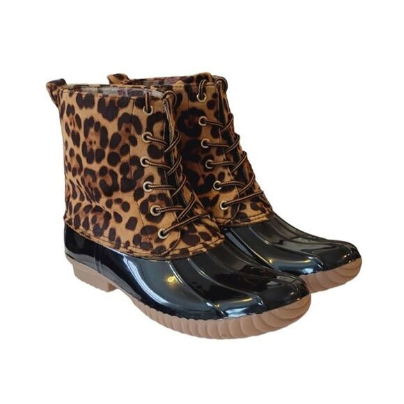 Yoki Dylan-33 Black Leopard Print Duck Boots Size 10 - Picture 1 of 8